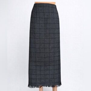 Harve Benard 100% Wool Windowpane Midi Pencil Skirt Fringe Hem Size 14
